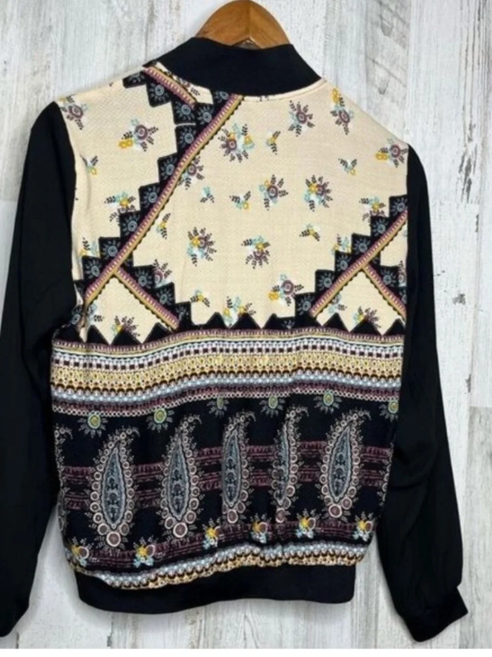 Society Girl Women’s Small Boho Paisley Floral Zip Bomber Jacket Black
